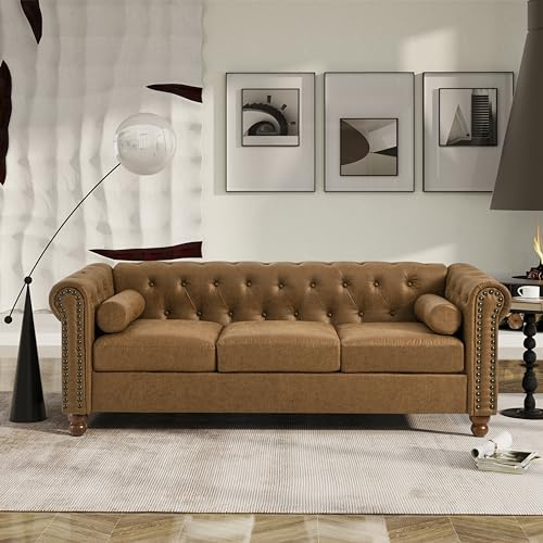 KEIKI 75 Chesterfield Velvet Tufted Button Sofa with Square Arms and Cushion Back, Classic Style 3-Seater Couch with Solid Wood Legs, Easy Assembly, for Living Room, Bedroom, Apartment, Brown
