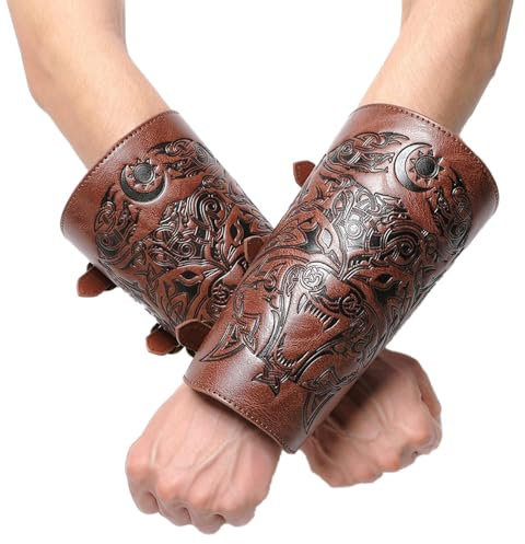 Tiajingzi Mittelalterliche Armschützer, Cosplay, PU-Leder, Vintage- -Armschienen – Halloween-Rollenspiel, geprägter Armschutz, Armband, Kostüm für Freund, Hus, Refer to description