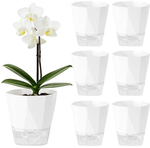 6 Pack Self Watering Plant Pots 6 Inches Self-Watering Planters for Indoor and Outdoor Plants African Violet Succulent Pots Clear Pot for Plants Large Herb Orchid Flower Houseplant Plant, White