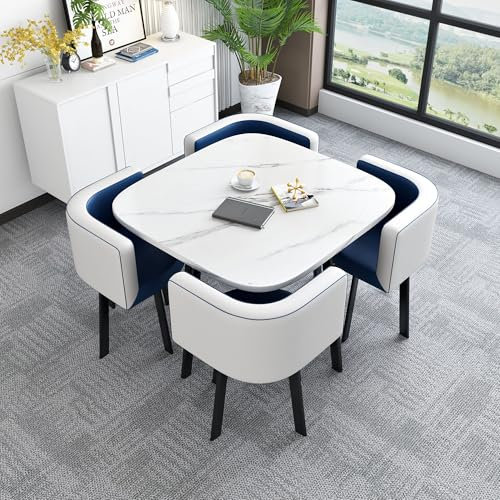 Runder quadratischer Esstisch und Stühle, Set für 4 Konferenztische aus PU-Leder mit Metallbeinen, Empfangstisch und Stuhl-Set, 90 x 75 cm, Weiß, 4-Sitzer