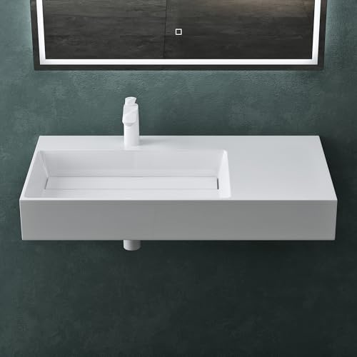 Mai & Mai Lavabo Izquierdo Blanco 90 cm, 1 Orificio para Grifo, Col12 | Lavabo de Baño Rectangular de Mármol Fundido, Instalación Sobre Encimera o Mural, Acabado Mate y Sin Rebosadero