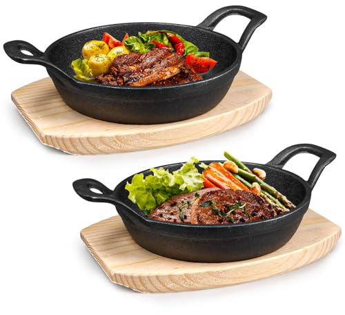 PQHIQ 2 Sets Mini Cast Iron Skillet with Wooden Base Small Cast Iron Skillet Pan Round Fajita Pan Hot Steak Pot Dish for Baking Cooking (16 cm)