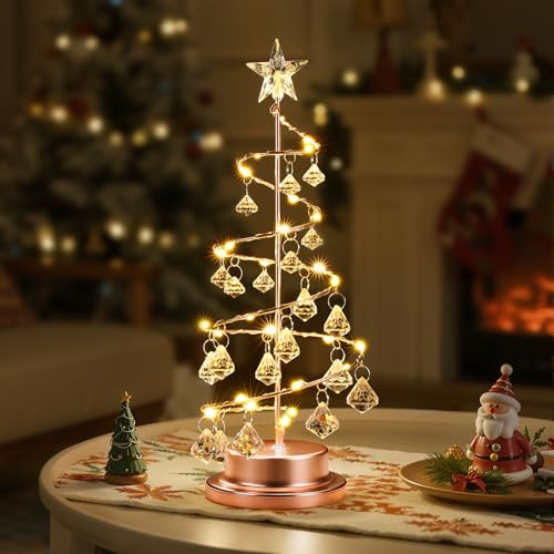 Luxspire Crystal Christmas Tree Light, Spiral Christmas Tree Decorative Lamp, 30 LEDs, Battery Powered, 11 Inch Xmas Table Decoration for Mantel, Dining Table, Night Stand, Rose Gold