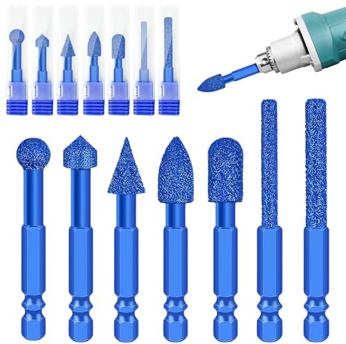 Juego de 7 brocas de diamante para molinillo de metal, juego con eje de 1/4 pulgadas para piedra, madera, cerámica, metal, cristal, tallado, grabado, pulido, perforación, lijado