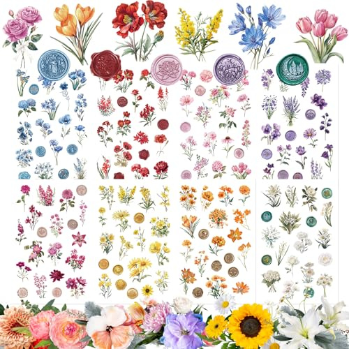 Kalysky 320 Aufkleber Blumen für Scrapbooking, 160 Stile Transparente PET-Blumen Pflanzen Dekorative Aufkleber Vintage für Heimwerker, Planer, Scrapbook Fotoalbum Sammelalbum Laptops Handwerk