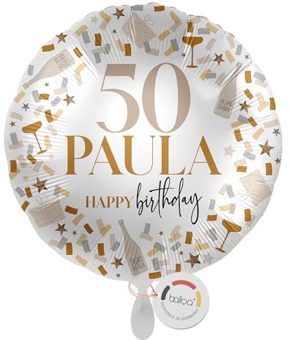 balloa Personalisierter Ballon XXL mit Namen, Geschenk zum 50 Geburtstag Frau, runder Konfetti Folienballon Weiß Gold, Helium geeignet mit Wunschtext, Partydeko und Geburtstagsdeko, 53cm