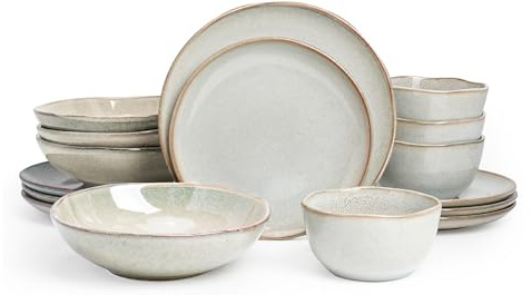 Home VSS Highland 16pc Dinnerware Set, Unique Organic Shape Double Bowl, Stoneware Plate & Bowl Dish Set Service for 4, Scratch Resistant, Microwave & Dishwasher Safe, Natural Reactive Glaze, Grey