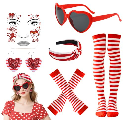 AUNGCSHE 6 Stück Karneval Rot Weiss Damen, Haarreif Rot Weiß, Gestreifte Handschuhe, Kniestrümpfe Gestreift, Herz Brille, Ohrringe, Gesichtstattoos für Kölner Karneval, Kölle Faschingskostüme