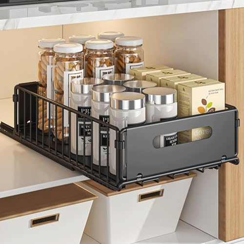 2 Stück Teleskopschublade, Ausziehbare Schublade Küche, 2x 10cm Hoch | Kohlenstoffstahl Ausziehbarer Schrank Organizer, Küchenschrank Organizer für Küche, Bad, Wohnzimmer Kein Bohren und Nageln