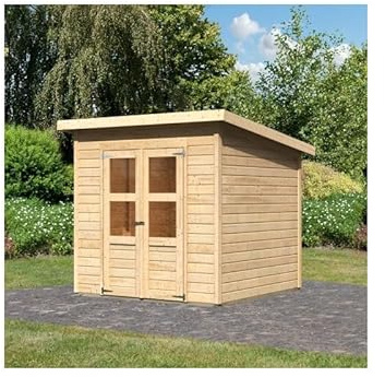 Karibu | Abri de Jardin Bois Massif Brut 4,5m² Merseburg 4 | Marron, Toit Plat, Double Porte Semi-Vitrée | Kit Fondation Autoclave Inclus