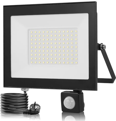 100W LED Strahler mit Bewegungsmelder Außen,6500K Kaltweiß Scheinwerfer mit Stecker & 145cm Kabel,10000LM Superhell LED Außenstrahler,IP66 Wasserdicht Aussenstrahler,Fluter für Garten Hof Garage