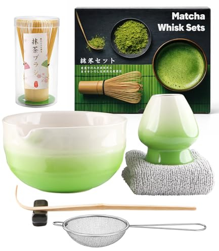 7 Pcs Matcha Set,Matcha Tea for Making Breakfast/Latte,Whisk Set and Bowl with All Accessories,Gift for Lover，Gradient Green Bowl,Bamboo Stirrer