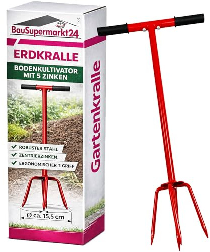 Erdkralle mit 5 Zinken aus Stahl – Bodenkultivator Gartenkralle mit Zentrierzinken – 93 cm lang Handkultivator Bodenlockerung für Harte Böden, Beete & Steinkies Kultivator Bodenlüfter Bodenfräse