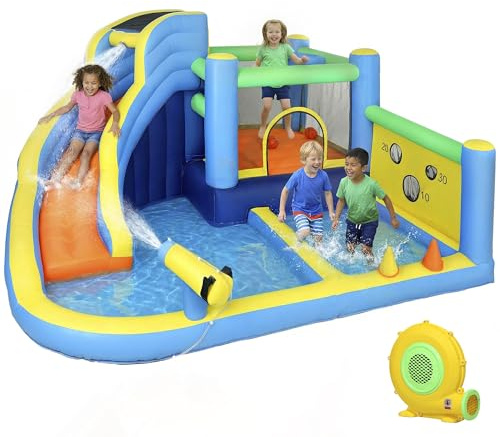 AIYAPLAY 8 in 1 Bouncy Castle for Kids, Inflatable Bounce House with Long Slide, Splash Pool, Climbing Wall, Basketball Hoop, Ball Shooting, Ring Toss, Water Cannon, Blower for Indoor Outdoor
