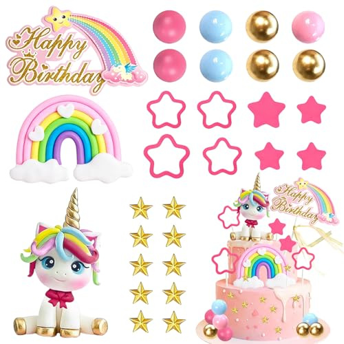 Decorazioni per Torte Unicorno 29 Pezzi Topper per Torta Arcobaleno con Stelline e Palline Cake Topper per Bambina Unicorno Rosa, adatto per Feste e Battesimi (B)