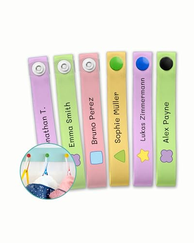 ETIKIDS 6 Cinghie per Appendere Vestiti Bambini Personalizzate con Nome. Etichette in Tessuto per Appendere Giacche, Grembiuli e Zaini a Scuola e Asilo. Senza Cucire, Resistenti e Lavabili