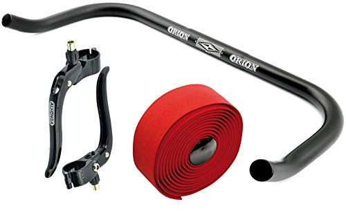 Permanent-Fahrrad Bullhorn Fixie Singlespeed Rennrad Triathlon Lenker Schwarz 400mm mit Bremshebel und rotem Lenkerband
