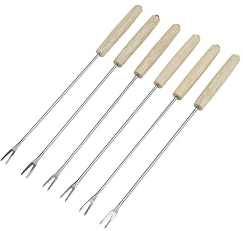 Antrader Set of 6 Cheese Fondue Forks, Stainless Steel for Chocolate Fountain Cheese Fondue, Barbecue Skewers Roasting Sticks with Oak Wood Handle Heat Resistant 9.4 Long