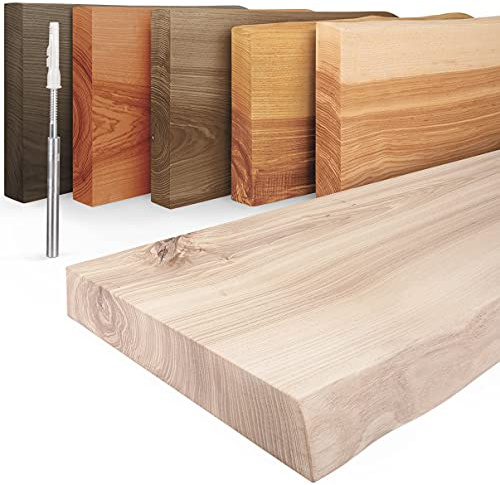 LAMO Manufaktur Étagère Flottante Murale Bois avec Fixation Invisible | Etagere 40 cm Largeur pour Salle de Bain, Couloir, Cuisine | Couleur: Brut, Bord: Naturel | Bois Massif, Design Moderne