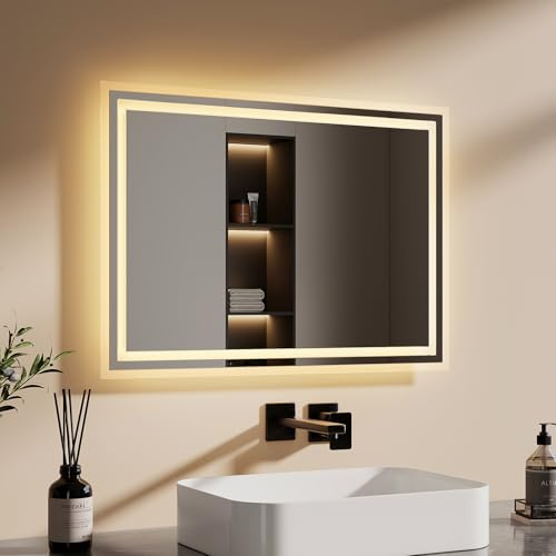 EMKE Badspiegel mit Beleuchtung 50x70cm Badezimmerspiegel Warmweiß Licht 3000K Wandspiegel mit Beleuchtung Horizontal/Vertikal IP44 energiesparend