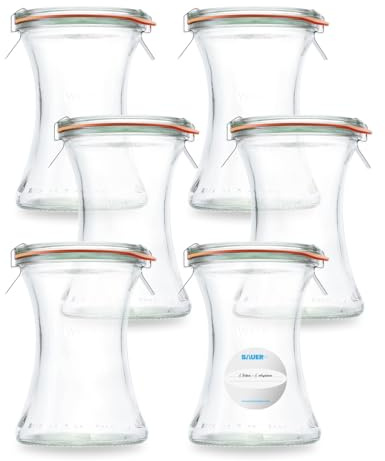 Flaschenbauer - Rundrand-Glas 370 ml Delikatessen-Glas verwendbar als Marmeladenglas, Vorratsglas, Konservenglas 6 Stück Inklusive Etikett - Made in Germany