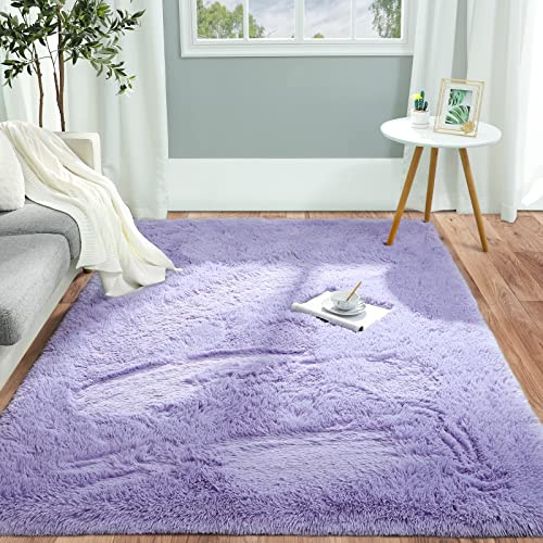 Pettop Ultramjuk fluffig matta med hög lugg, babyrum, flickrum, söt dekoration, maskintvättbar, halkfri matta för sovrum, vardagsrum, 1,2 x 1,8 m, lila