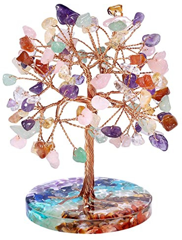 Nupuyai 7 Chakra Crystal Money Tree with 7 Chakra Base, Energy Healing Good Luck Tree Figurines Fengshui Crystals Ornament for Home Office Decor