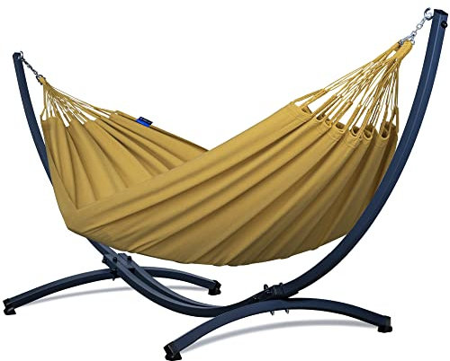 Potenza Outdoor Hängematte mit Verzinkter Gestell für 2 Personen I 100% Baumwolle Merida Doppelhängematte XXL 220x160, 220kg I Hängemattengestell 220kg, wetterfest (Basic Gestell Graphit, Golden)