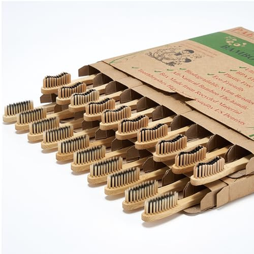 paeyaer 20 Count Bamboo Toothbrushes (Soft+Medium), Natural Wood Toothbrushes Bulk, Eco-Friendly, BPA Free, Biodegradable & Compostable Charcoal Wooden - Reusable Travel Toothbrushes
