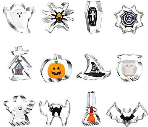 HIUOUIH Formine Biscotti Halloween 12 Pezzi Stampi Tagliabiscotti Acciaio Inox Stampo Fantasma Pipistrello Zucca Gatto Cappello da Strega Taglia per Fondant, Pasticceria