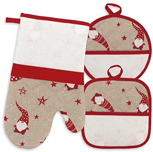 Guantone da Forno e Due presine da ricamare a Punto Croce, Tela Aida, Set Guanto e presine da Forno, Natale, Tessuto natalizio gnomi rossi