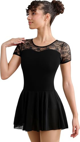 BAKPH Women Dance Ballet Leotard with Skirt,Adult Lace Short Sleeve Ballerina Dancewear(W7027-06-S)