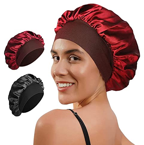 Norhogo Schlafmütze Satin Bonnet, 2 Stück Atmungsaktive Schlafkappe Nachtmütze, Schlafhaube Seide mit Gummizug für Damen und Mädchen, mit Zwei zusätzliche Shampoo-Kappen (Schwarz, Rot)