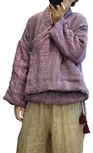 NFYM Giacca da donna Hanfu/Hanten in cotone avvolgente cappotto frontale alto basso in lino irregolare caldo trapuntato corto Outwear con nappa, Viola, Taglia Unica