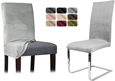 BEAUTEX Stuhlhussen Samt Stretch Stuhl & Schwingstuhl 4er Set Hellgrau LEA | 95% Polyester, 5% Elasthan, weiche Velours-Oberfläche, Rundum-Gummizug, 30 °C waschbar, faltenarm, formstabil & langlebig