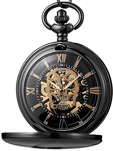 MASKIS Taschenuhr Totenkopf Hohl Mechanische Taschenuhr Anhänger Kette Gold Skelett Handaufzug Taschenuhr Herren Frauen Xmas Halloween Geschenke, Schwarz