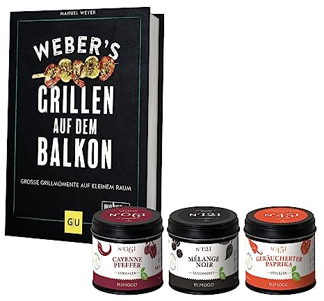 Rimoco Geschenkset Weber's Grillen auf dem Balkon + Bio Grill Gewürze Set - das ultimative Geschenk für Männer - Weber Kochbuch, 3x leckere Grillgewürze und 2x Rezeptkarten