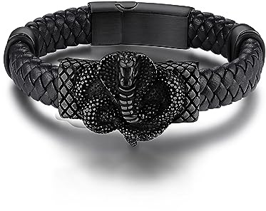 GOLDCHIC JEWELRY Braccialetti da uomo in pelle, stile punk, con teschio/serpente/scorpione/croce, 19-23 cm, braccialetti in corda nera personalizzati per uomini e papà, 19 cm, Pelle