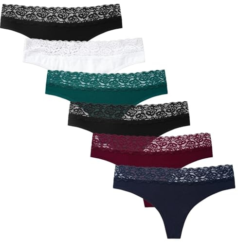 INNERSY Tanga Mujer Encaje Sexy Tangas Alogodon Sauve String Bragas Baja Ropa Interior 6 Pack (S, Clásico Multicolor)