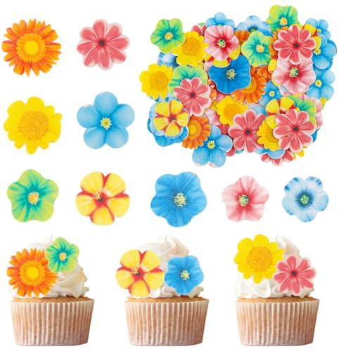 Enlace 80 stycken ätbara blommor för tårta, färgglada ätbara blommor, cupcake-toppar, tusensköna, dekoration, tårtor, ätbara blommor, tårtdekoration, våffelpapper, blommor, kakdekoration för bröllop