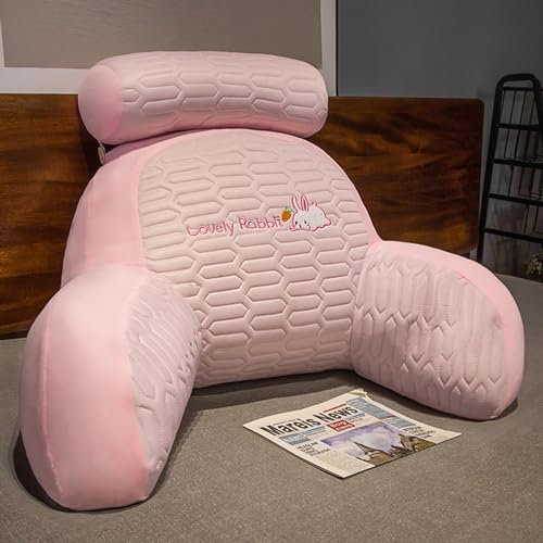 DOKLY Große Lesekissen mit armlehnen/Nacken/Ergonomisches Bett Rückenlehne,Komfortables Kissen mit Abnehmbarer Nackenstütze und Armlehnen zum Lesen,Rosa Kaninchen