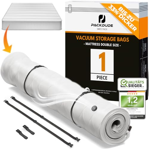 PACKDUDE Vakuumbeutel für Matratzen bis 200x160cm (Beutelgröße: 250x200cm) I Matratzen Vakuumbeutel für Schaumstoff-, Gel- & Latexmatratzen I Mattress Vacuum Bag I Vakuumbeutel Matratze vakuumieren