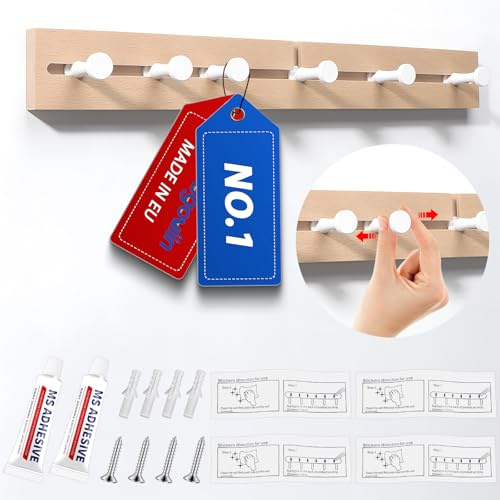 Fugoviin Garderobe, Beweglicher Garderobenhaken Weiß, Kleiderhaken Wand Modern, Garderobenleiste mit 6 Beweglichen Haken für Jacken, Mäntel, Schals, Handtaschen und Mehr