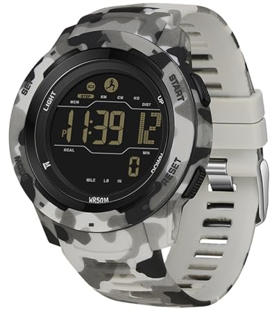 Forrader Montre numérique militaire pour homme - Étanche jusqu'à 5 ATM - Sports de plein air - Podomètre - Avec lumière/alarme/calories/compte à rebours/chronomètre, cadeau, gris/noir