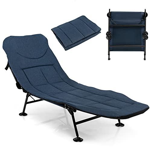 KOMFOTTEU Lettino da Campeggio Pieghevole, Schienale Regolabile in 6 Livelli, Brandina con Materasso Rimovibile, Letto Portatile con Piedini Girevole a 360°, per Spiaggia, Carico 200 kg (Blu Navy)
