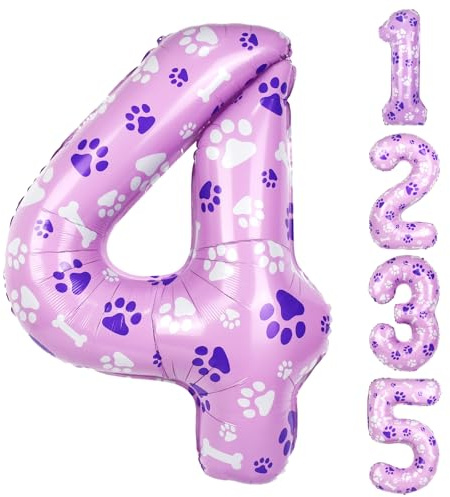 40 Inch Pink Dog Paw Balloons, Numeral 4 Birthday Balloons for Girls Boys Pink Dog Paw Print Themed Birthday Party Decorations (Number 4)