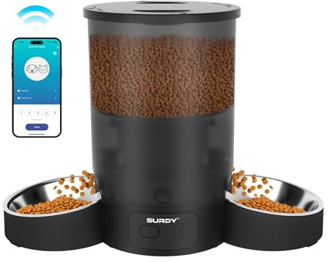 Automatic Cat Feeder for 2 Cats, SURDY 2.4G/5G WiFi Smart Pet Feeder with APP Control for Remote Feeding, 3L Timed Pet Feeder Programmable 1-10 Meals, Dual Power Supply, Desiccant Bag, 10s Meal Call