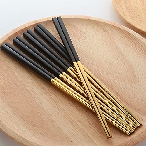 CAFIEDR Juego de 5 Pares de Palillos Chinos de Acero Inoxidable Dorados, Juego de Palillos Chinos de Metal Negro utilizados para vajilla de Sushi