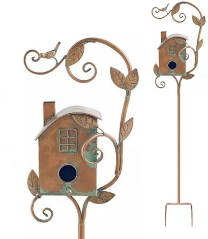 Bird House Stakes, Metal Bird House with Pole Stakes, Distressed Metal Birdhouse Stand for Outdoor Garden Decor, Outdoor Metal Bird House Stake Birdhouses (D)