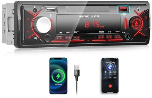 OiLiehu 1Din Autoradio Bluetooth Freisprecheinrichtung 1Din Radio mit FM Radio/LCD-Uhranzeige, MP3 Player unterstützt AUX-Eingang/USB Wiedergabe/Aufladen